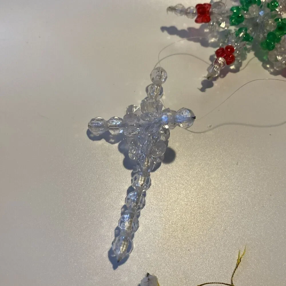 10 Vintage Handmade Plastic Beaded Wire Christmas Ornament Lot Angel Snowflake